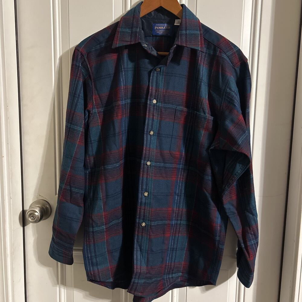 Pandleton Mens Shirt Blue/Green/Red Long Sleeve Btn up Pure Virgin Wool Size M